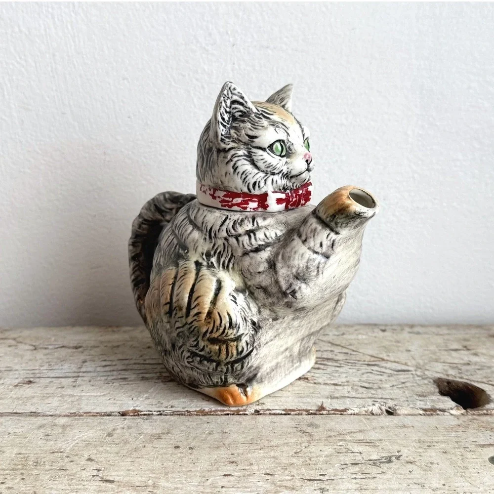 Vintage Japanese Hand Painted Ceramic Cat Teapot Grey Tabby Red Collar